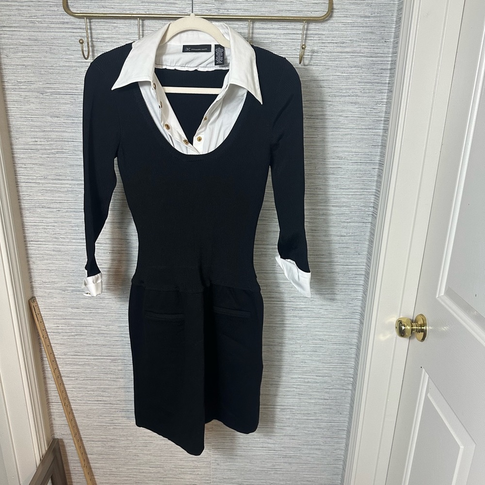 INC black sweater dress with white collar and sleeves, gold buttons.